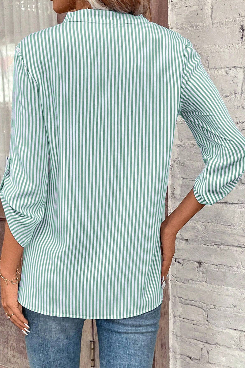 Brown Stripe V Neck Pocket Roll Up Sleeve Shirt