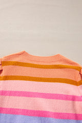 Rose Red Colourful Stripe Bubble Sleeve Gradient Knit Top