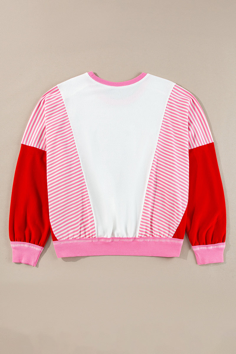 Rose Red Striped Patchwork Side Pocket Loose Sweatshirt