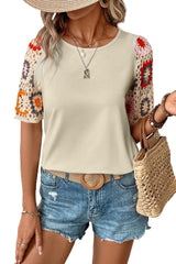 Parchment Hollowed Floral Crochet Sleeve Boho T Shirt