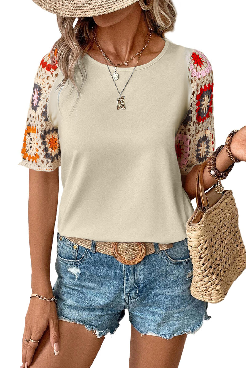 Parchment Hollowed Floral Crochet Sleeve Boho T Shirt