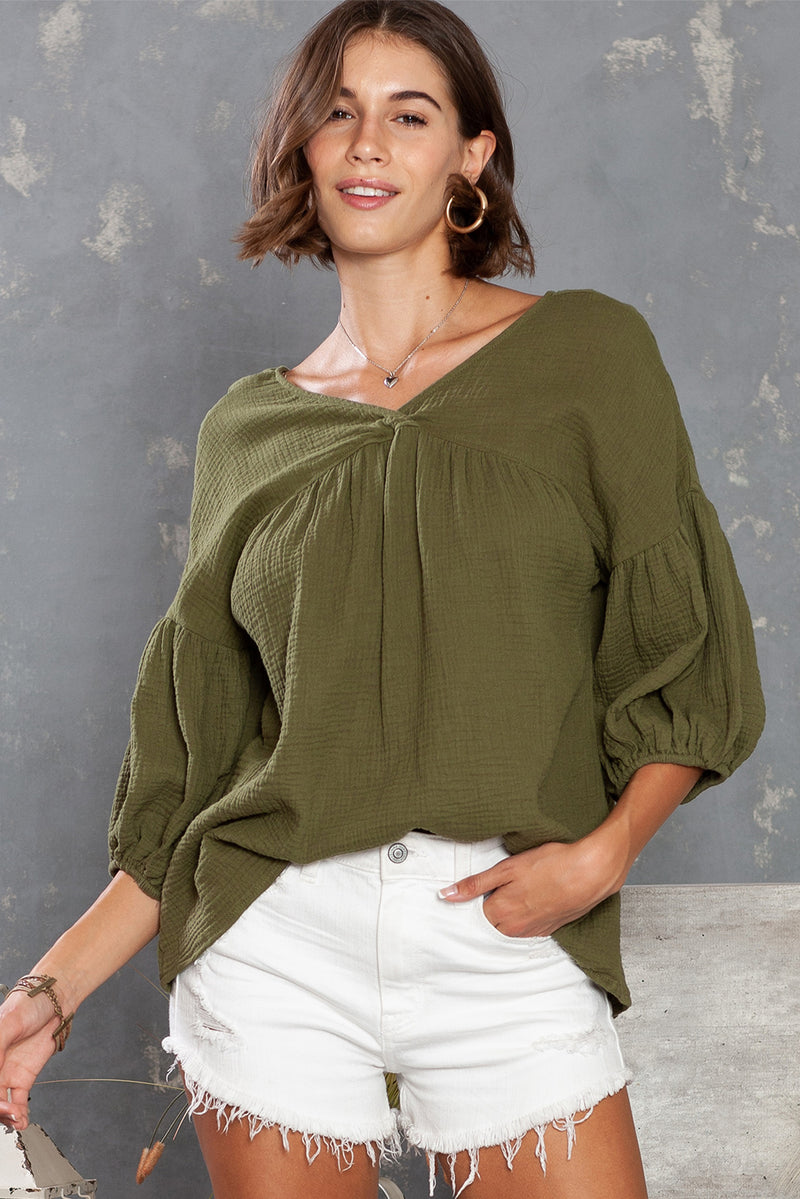 Green Solid Color Gauze Casual V Neck Top for Women