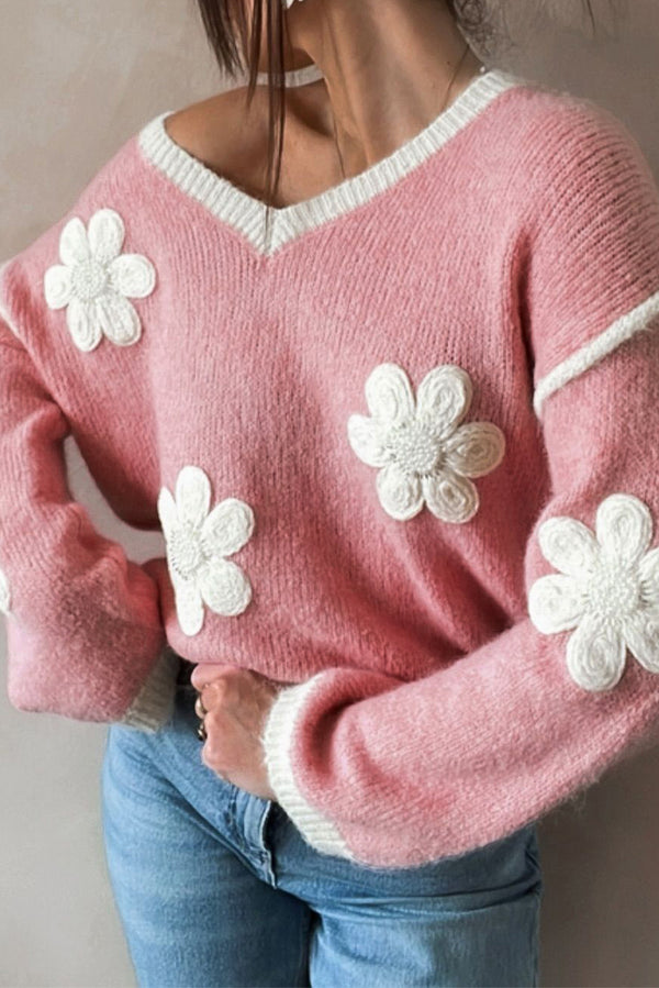 Pink Floral Patched Contrast Trim V Neck Sweater