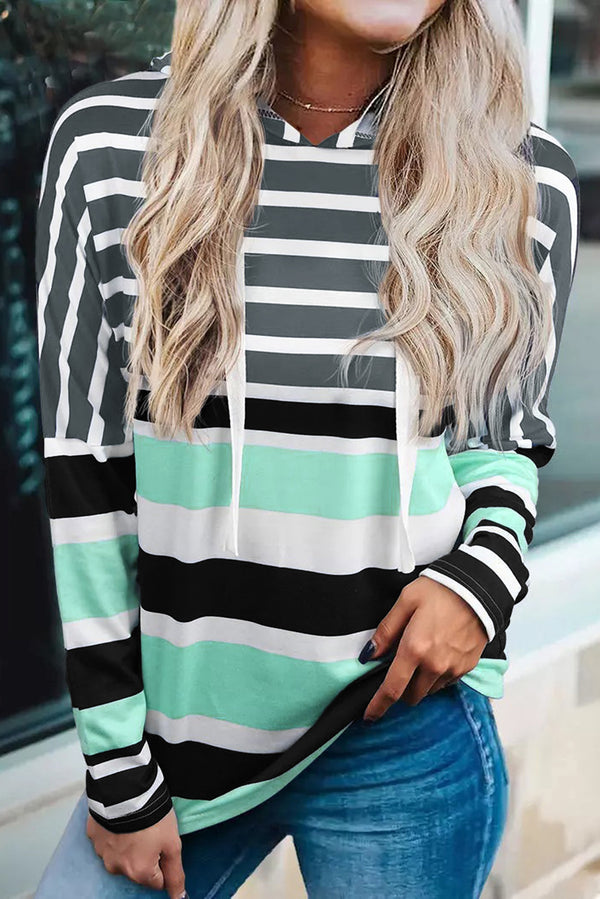 Multicolor Striped Drawstring Pullover Hoodie