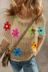 White Hollowed Crochet Colorful Flower Loose Knit T Shirt