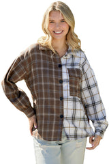 Brown Plaid Colorblock Pocket Patchwork Buttons Shacket