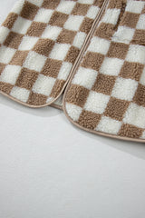 Khaki Checkered Sherpa Collared Jacket Vest