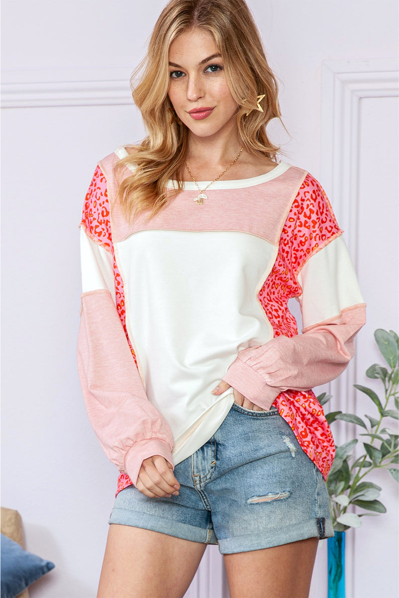 Peach Blossom Patchwork Long Sleeve Round Neck Top