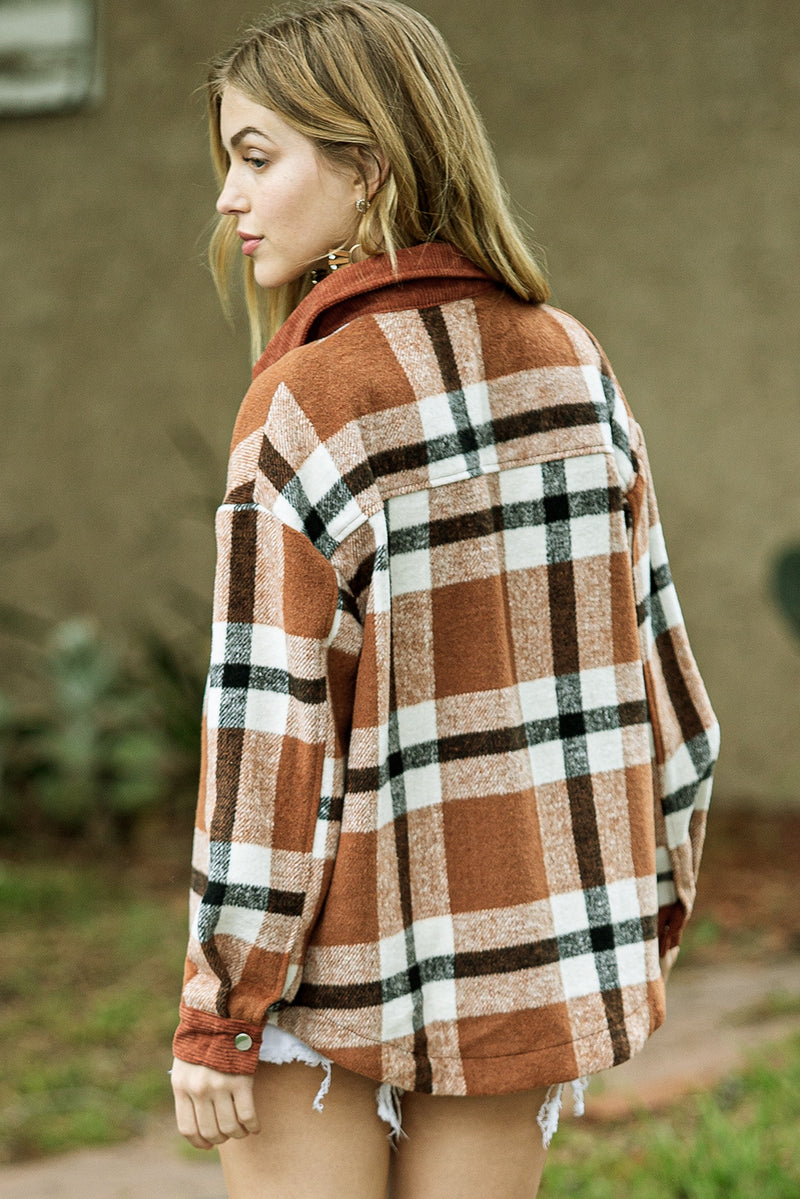 Brown Plaid Pocket Casual Buttons Up Shirt Shacket