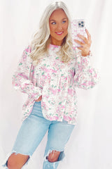 Pink Floral Print Shirred Cuffs Keyhole Back Babydoll Blouse