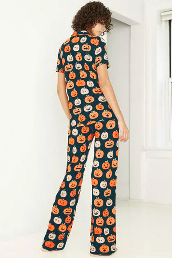 Orange Halloween Pumpkin Short Sleeve Shirt Pajama Set