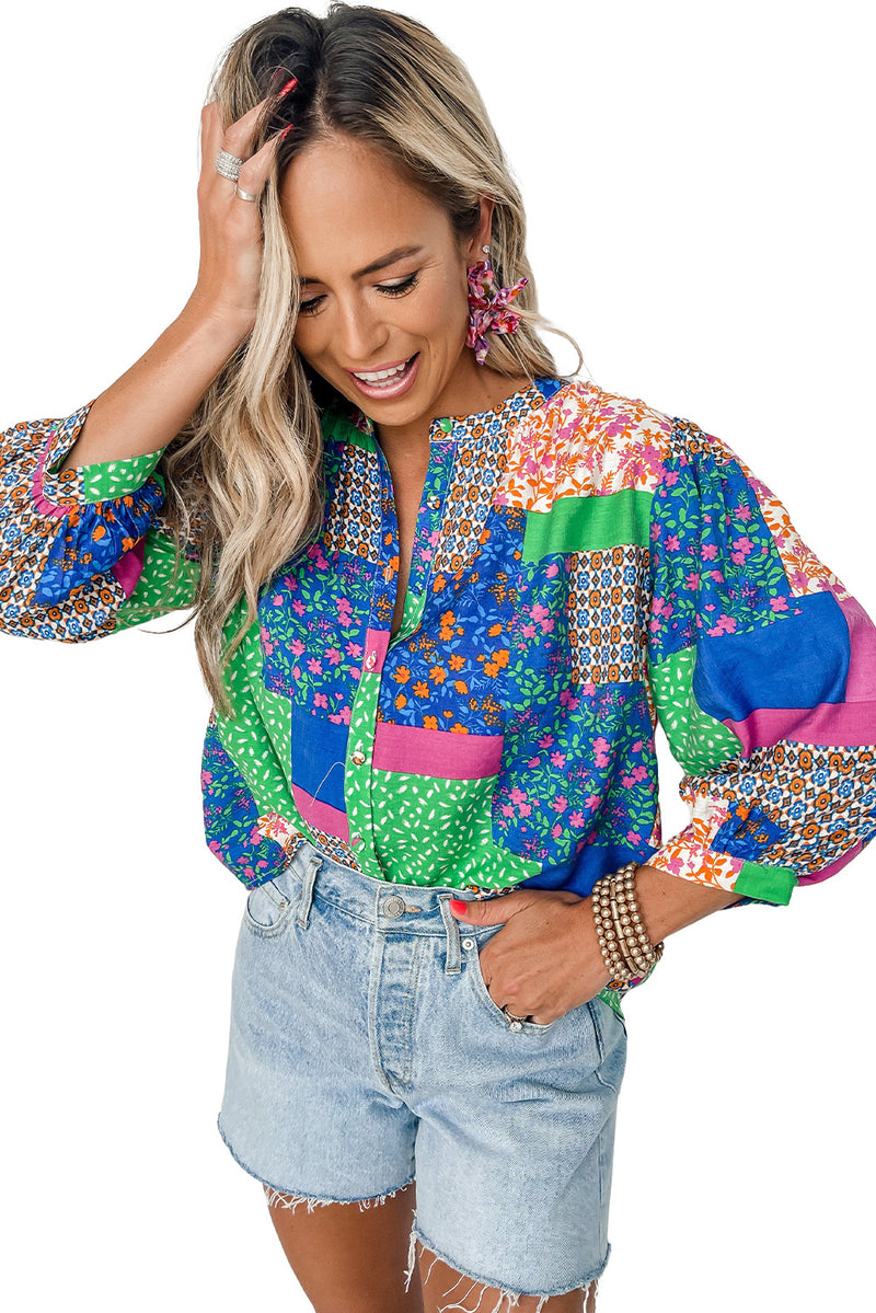 Multicolor Floral Patchwork Buttoned Puff Sleeve Shirt