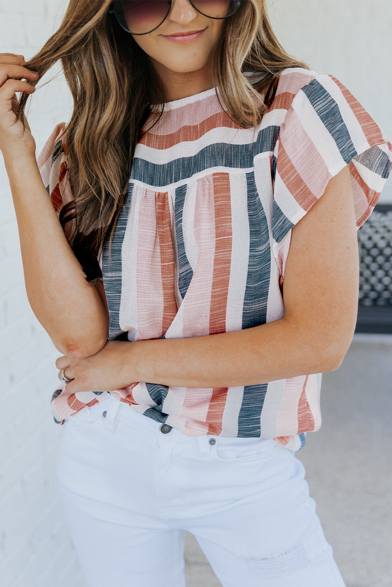 Pink and Blue Stripes Shirt Flutter Sleeve V Neck Blouse for Women