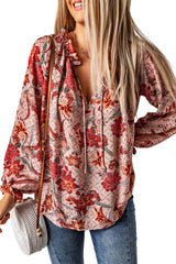 Pink Floral Print Boho Split V Neck Peasant Blouse