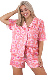 Pink Flower Print Buttoned Shirt and Drawstring Waist Pajama Set