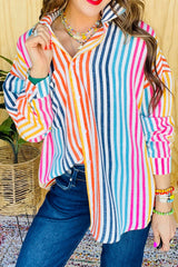 Colorful Striped Patch Pocket Long Sleeve Shirt