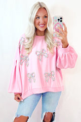 Light Pink Sweet Bow Lantern Sleeve Oversized Pullover Sweatshirt