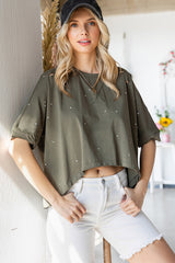 Green Half Sleeve Distressed Asymmetrical Top