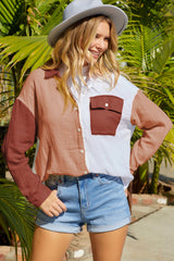 Brown Color Block Pockets Textured Long Sleeve Shacket