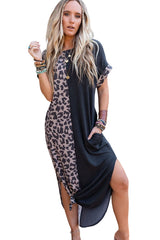 Rose Leopard Patchwork Pocket Casual T-Shirt Dress With Slits