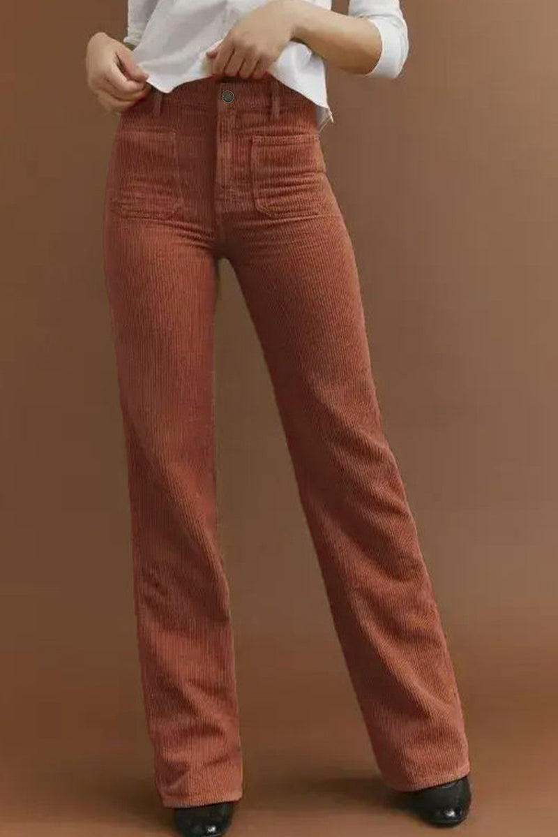 Brown High Waist Pockets Corduroy Flare Leg Pants