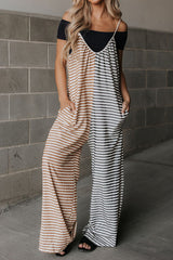 Yellow Stripe Color Block Spaghetti Strap Backless Overall