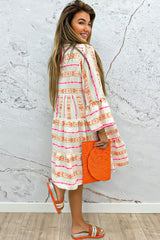 Orange Bohemian Split Neck Bracelet Sleeve Ruffle Mini Dress