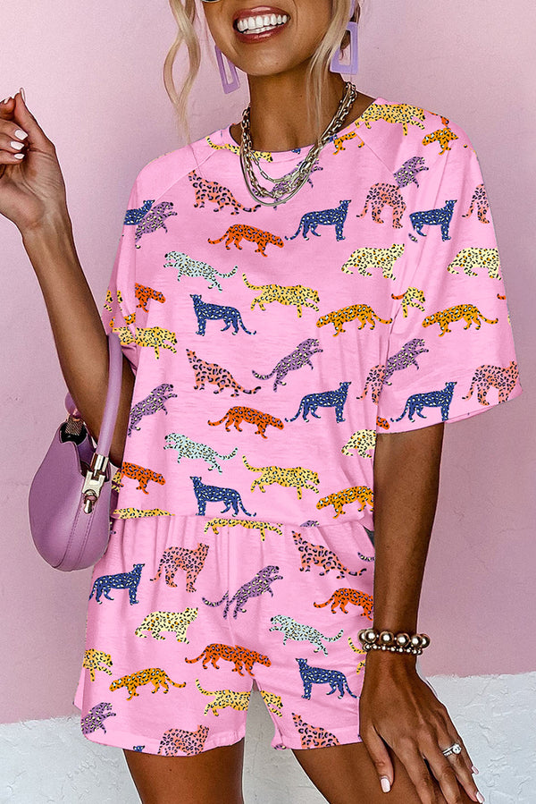 Pink Cheetah Print Raglan Sleeve Tee and High Waist Shorts Set