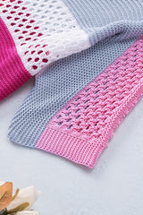 Pink Knitted Eyelet Colorblock Half Sleeves Top