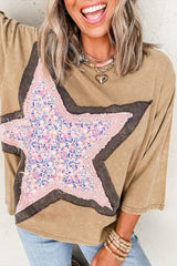 Camel Ditsy Floral Star Patched 3/4 Sleeve T Shirt