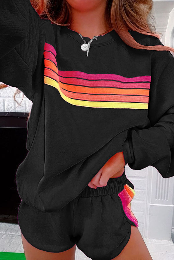 Black Colorful Striped Long Sleeve Pullover and Shorts Set