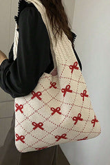 Fiery Red Bow Argyle Pattern Cable Knit Handle Tote Bag