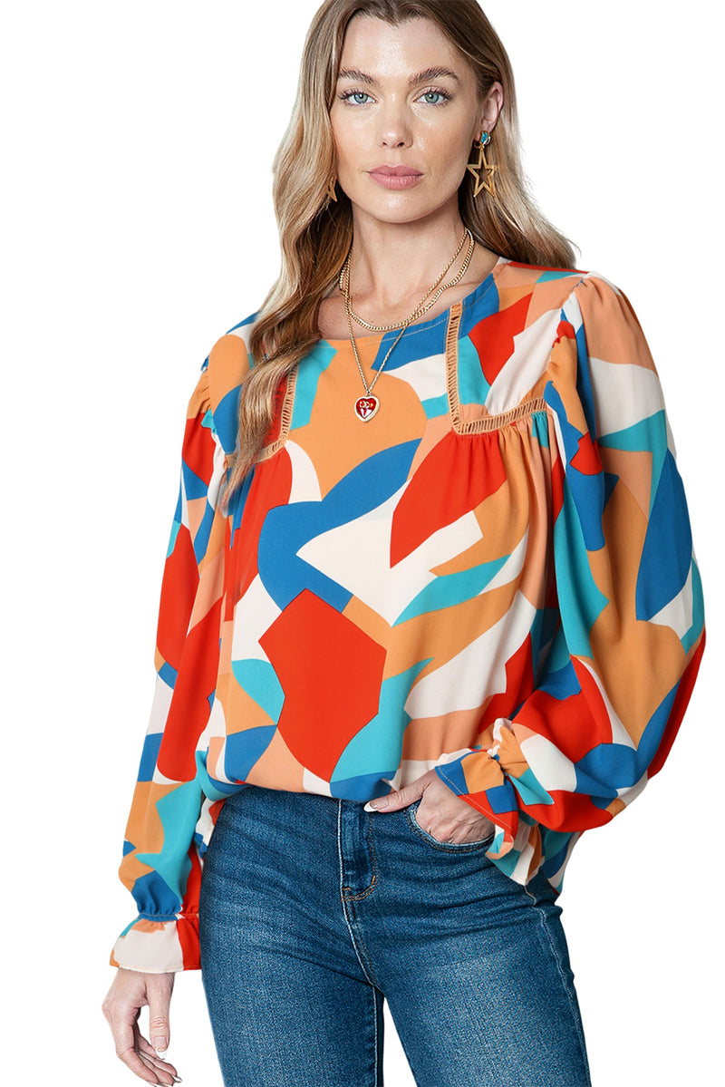 Multicolor Casual Abstract Print Puff Sleeve Blouse