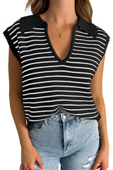 Black Stripe Turn-down Collar Sleeveless Knitted Top