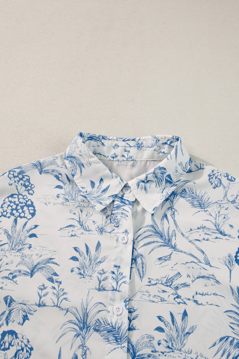 Sky Blue Tropical Print Button-Up Shirt & Shorts Lounge Set