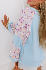 Beau Blue Ribbed Floral Patchwork Balloon Sleeve Top