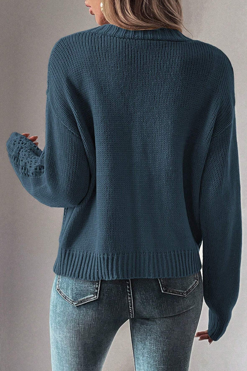 Real Teal Hollow Knit V Neck Button Front Plus Size Cardigan