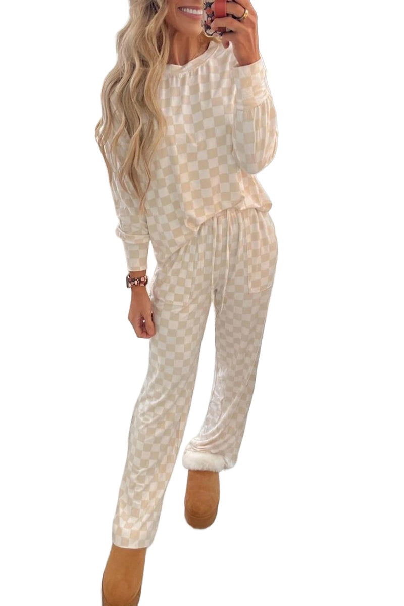 Beige Checkered Print Long Sleeve Loose Fit Pajama Set