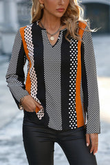 Orange Polka Dot Print Colorblock Notched Neck Top