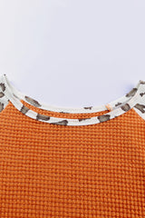 Orange Casual Waffle Leopard Patchwork Sleeve Knit Top