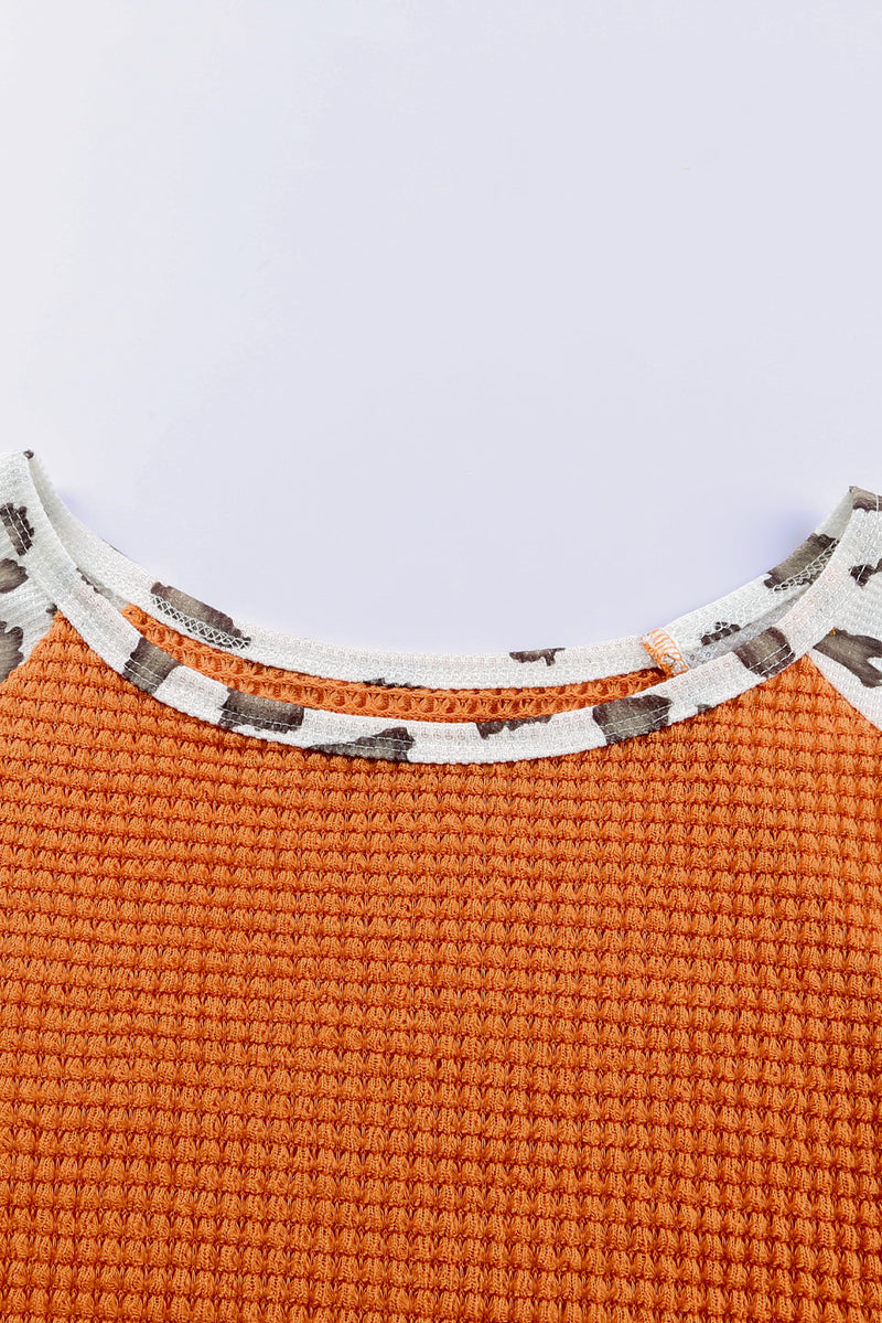 Orange Casual Waffle Leopard Patchwork Sleeve Knit Top