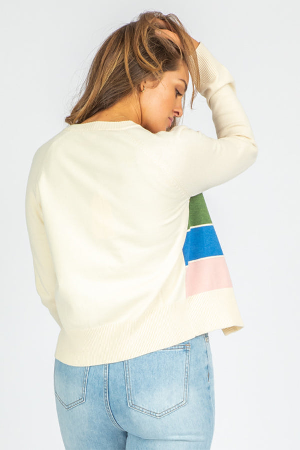 White Striped Colorblock Button Front Knit Cardigan