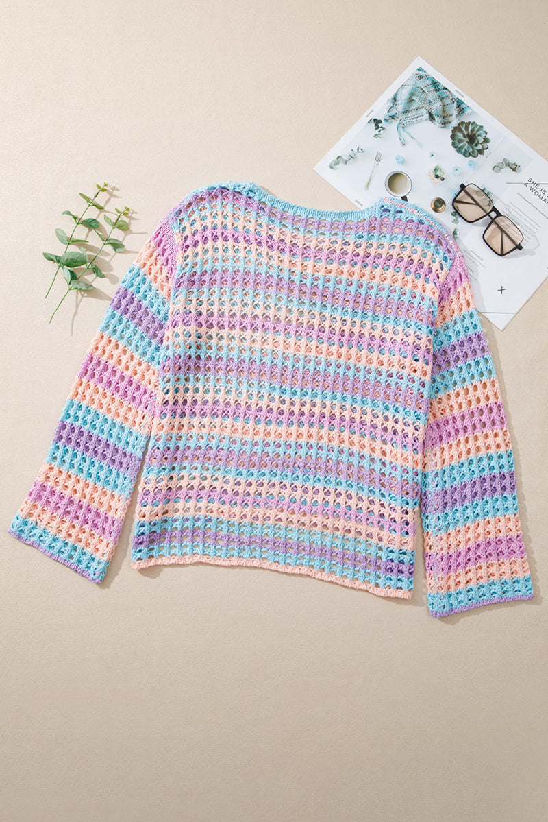 Purple Striped Hollow Knit Summer Beach Cover Up