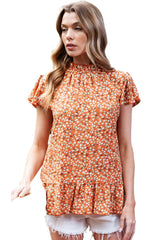 Orange Boho Ruffle Neck Flounce Sleeve Floral Blouse