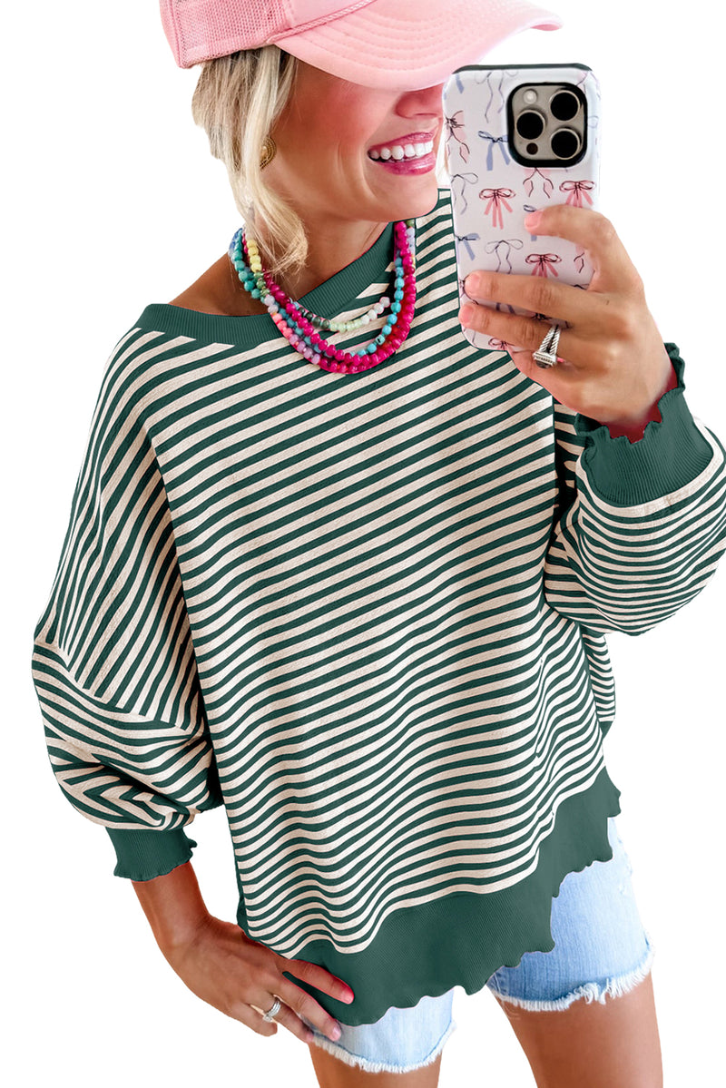 Green Stripe Drop Shoulder Long Sleeve Top