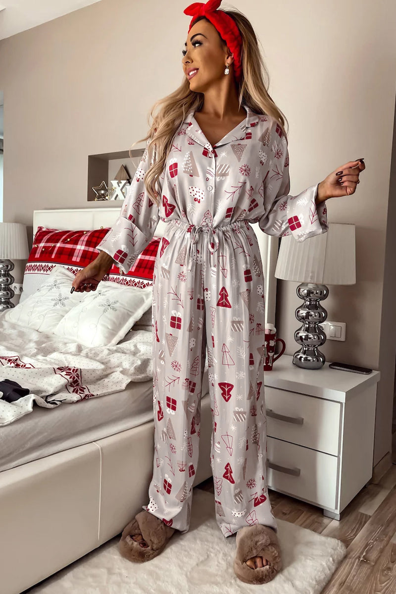 Light Grey Christmas Deer Printed Shirt and Pants Pajama Set