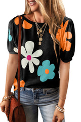 Sky Blue Colorful Flower Print Bubble Sleeve Tee