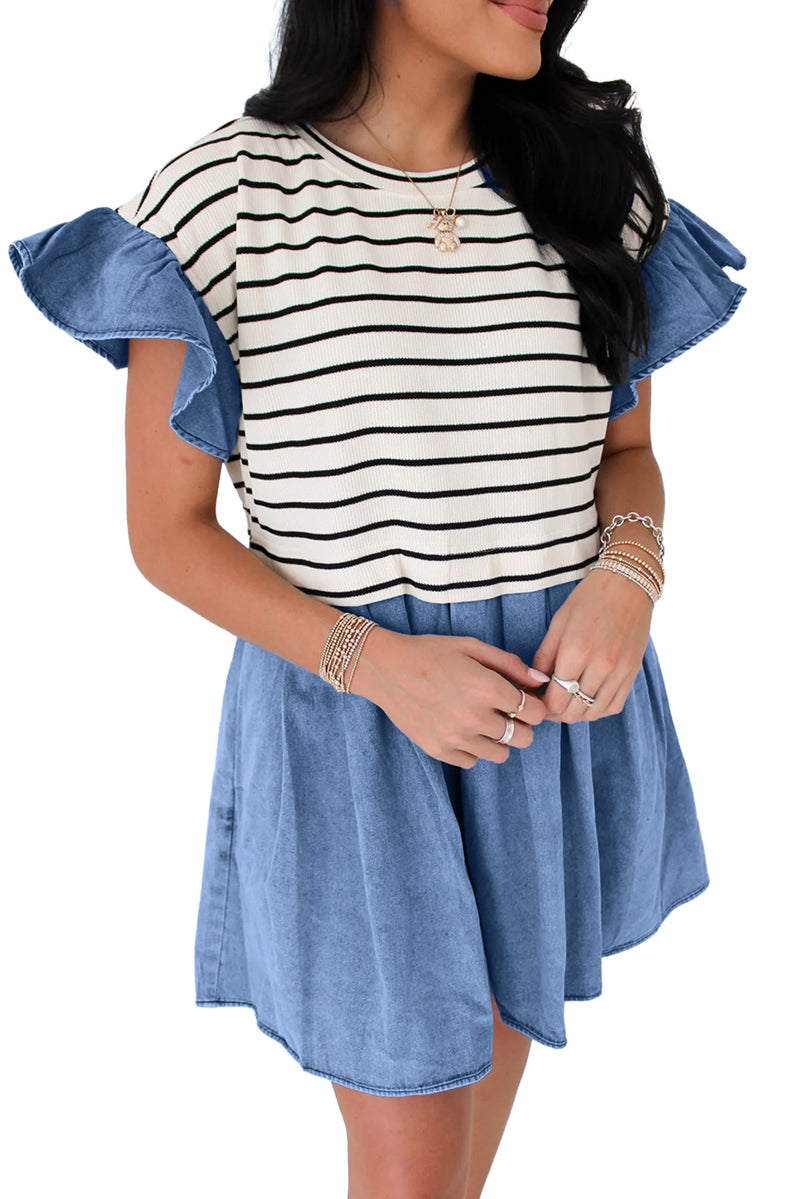 Black Stripe Ruffle Denim Patchwork Round Neck Mini Dress