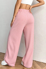 Pink Stripe Colorblock Print Cotton Drawstring Pants