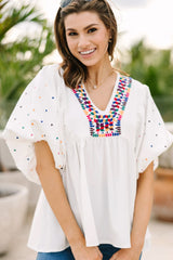 White Colorful Geometric Print V Neck Babydoll Blouse